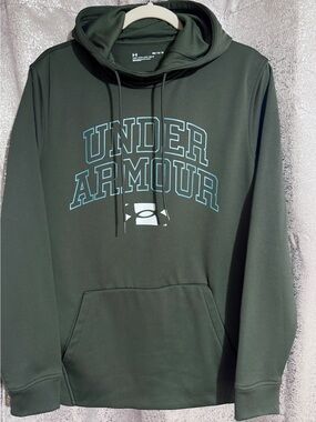 Under Armour Dark Green/Gray Sweatshirt Hoodie, Light Blue Lettering, white logo
